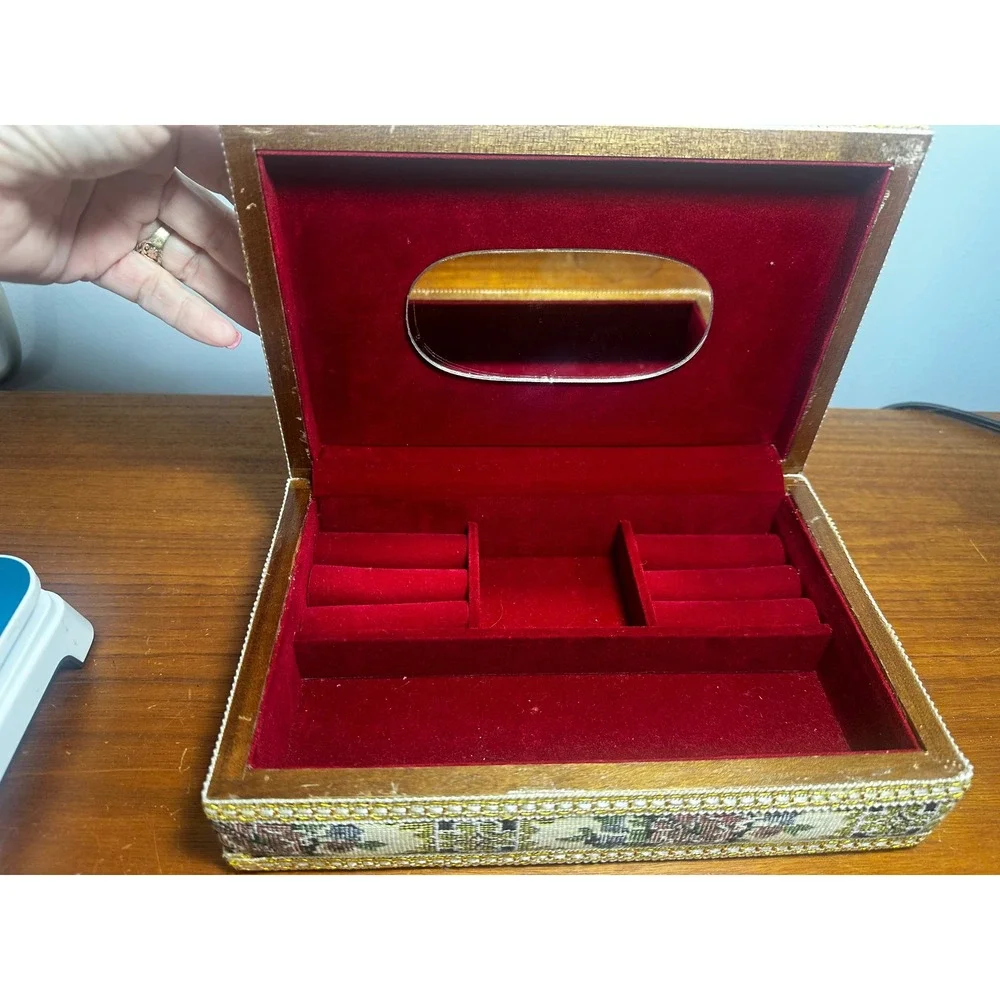 Vintage Floral Tapestry Jewelry Box Red Velvet Lining Mirror Gold Trim Organizer